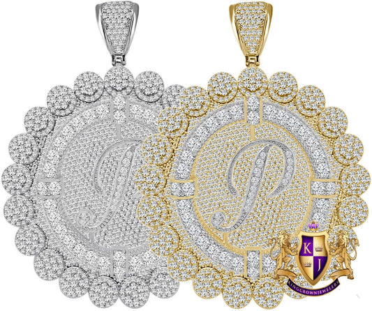 85+ Grams Big Jumbo 3.75'' 8.00 Cwt. Simulated Diamond Cursive Initial Letter Alphabet "P" Men's Custom Flower Pendant Charm Round Medallion