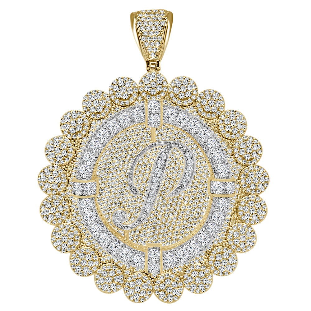 85+ Grams Big Jumbo 3.75'' 8.00 Cwt. Simulated Diamond Cursive Initial Letter Alphabet "P" Men's Custom Flower Pendant Charm Round Medallion
