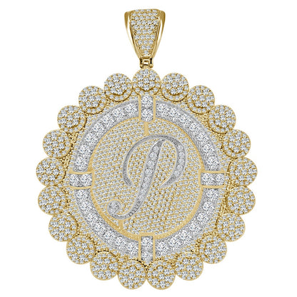 85+ Grams Big Jumbo 3.75'' 8.00 Cwt. Simulated Diamond Cursive Initial Letter Alphabet "P" Men's Custom Flower Pendant Charm Round Medallion
