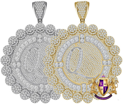 85+ Grams Big Jumbo 3.75'' 8.00 Cwt. Simulated Diamond Cursive Initial Letter Alphabet "Q" Men's Custom Flower Pendant Charm Round Medallion