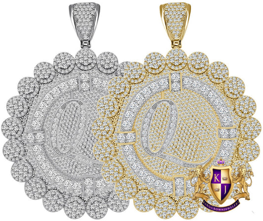85+ Grams Big Jumbo 3.75'' 8.00 Cwt. Simulated Diamond Cursive Initial Letter Alphabet "Q" Men's Custom Flower Pendant Charm Round Medallion