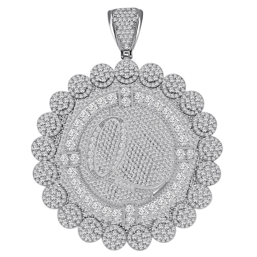 85+ Grams Big Jumbo 3.75'' 8.00 Cwt. Simulated Diamond Cursive Initial Letter Alphabet "Q" Men's Custom Flower Pendant Charm Round Medallion