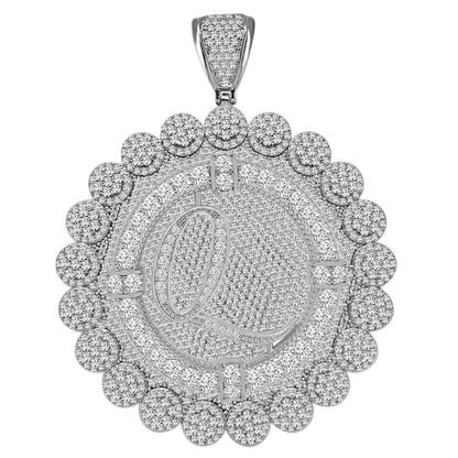85+ Grams Big Jumbo 3.75'' 8.00 Cwt. Simulated Diamond Cursive Initial Letter Alphabet "Q" Men's Custom Flower Pendant Charm Round Medallion