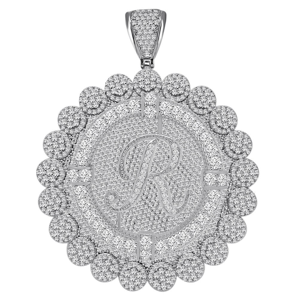 85+ Grams Big Jumbo 3.75'' 8.00 Cwt. Simulated Diamond Cursive Initial Letter Alphabet "R" Men's Custom Flower Pendant Charm Round Medallion