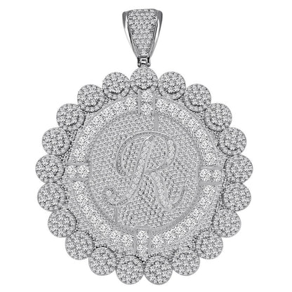 85+ Grams Big Jumbo 3.75'' 8.00 Cwt. Simulated Diamond Cursive Initial Letter Alphabet "R" Men's Custom Flower Pendant Charm Round Medallion