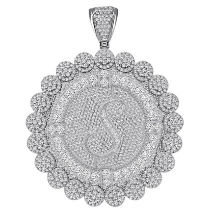 85+ Grams Big Jumbo 3.75'' 8.00 Cwt. Simulated Diamond Cursive Initial Letter Alphabet "S" Men's Custom Flower Pendant Charm Round Medallion