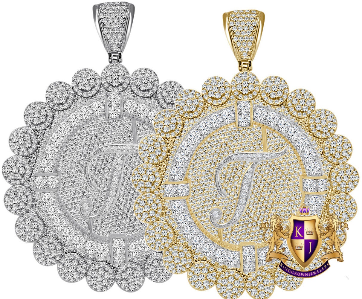 85+ Grams Big Jumbo 3.75'' 8.00 Cwt. Simulated Diamond Cursive Initial Letter Alphabet "T" Men's Custom Flower Pendant Charm Round Medallion