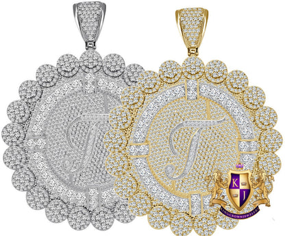 85+ Grams Big Jumbo 3.75'' 8.00 Cwt. Simulated Diamond Cursive Initial Letter Alphabet "T" Men's Custom Flower Pendant Charm Round Medallion
