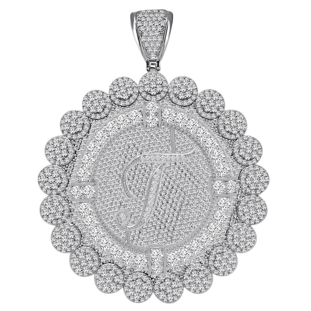 85+ Grams Big Jumbo 3.75'' 8.00 Cwt. Simulated Diamond Cursive Initial Letter Alphabet "T" Men's Custom Flower Pendant Charm Round Medallion