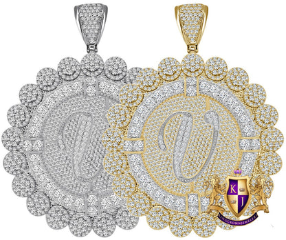 85+ Grams Big Jumbo 3.75'' 8.00 Cwt. Simulated Diamond Cursive Initial Letter Alphabet "V" Men's Custom Flower Pendant Charm Round Medallion