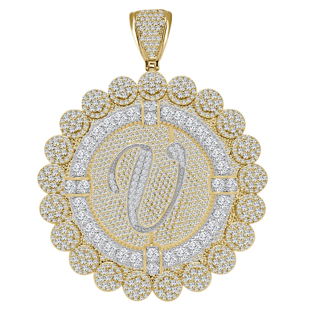 85+ Grams Big Jumbo 3.75'' 8.00 Cwt. Simulated Diamond Cursive Initial Letter Alphabet "V" Men's Custom Flower Pendant Charm Round Medallion