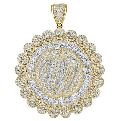 85+ Grams Big Jumbo 3.75'' 8.00 Cwt. Simulated Diamond Cursive Initial Letter Alphabet "W" Men's Custom Flower Pendant Charm Round Medallion