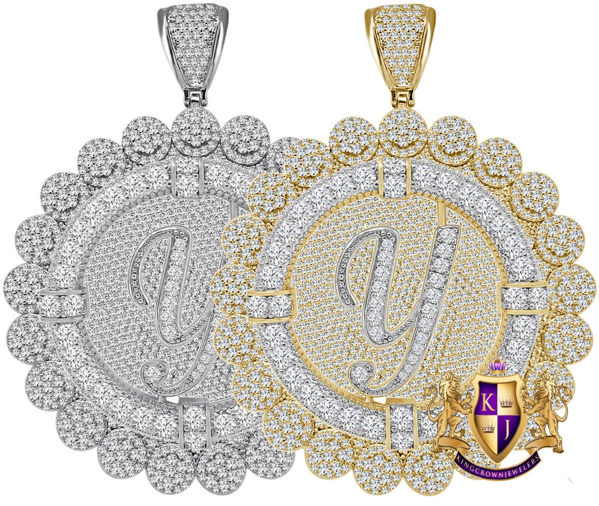 85+ Grams Big Jumbo 3.75'' 8.00 Cwt. Simulated Diamond Cursive Initial Letter Alphabet "Y" Men's Custom Flower Pendant Charm Round Medallion