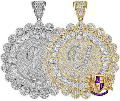 85+ Grams Big Jumbo 3.75'' 8.00 Cwt. Simulated Diamond Cursive Initial Letter Alphabet "Y" Men's Custom Flower Pendant Charm Round Medallion