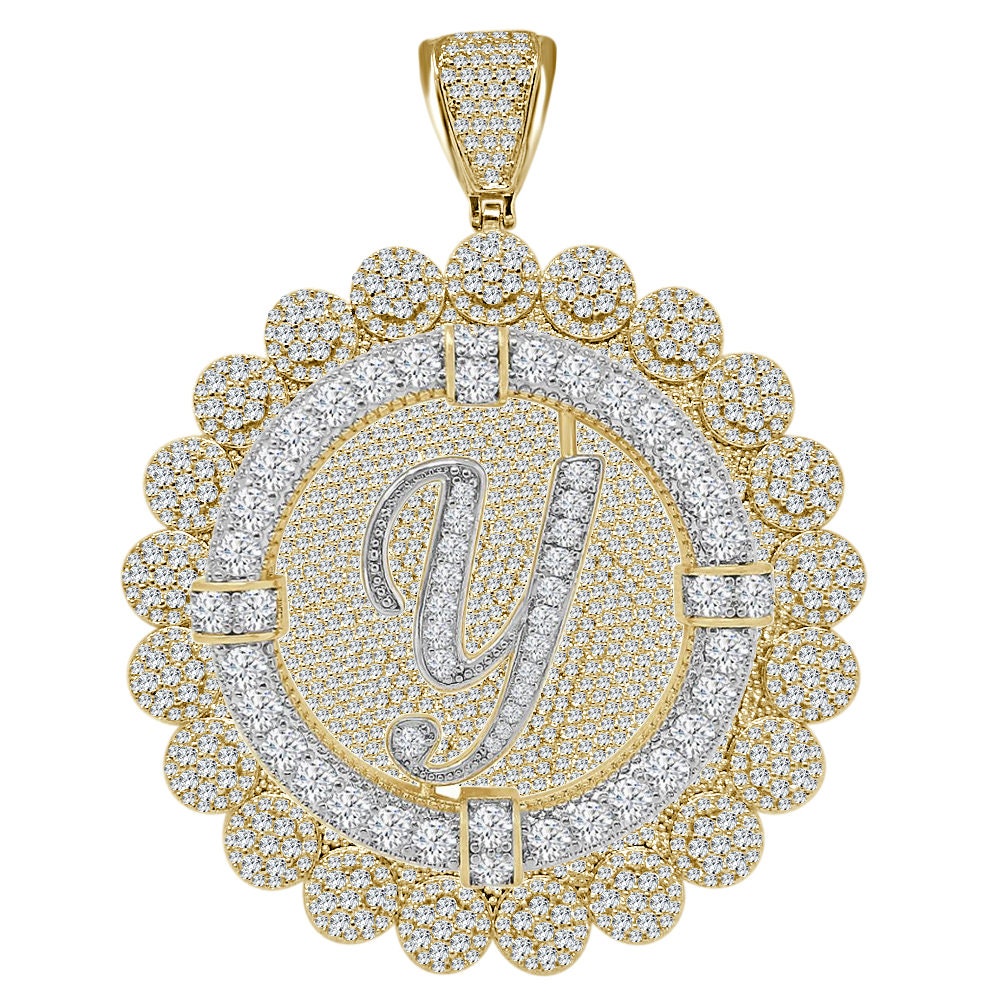 85+ Grams Big Jumbo 3.75'' 8.00 Cwt. Simulated Diamond Cursive Initial Letter Alphabet "Y" Men's Custom Flower Pendant Charm Round Medallion
