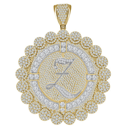 85+ Grams Big Jumbo 3.75'' 8.00 Cwt. Simulated Diamond Cursive Initial Letter Alphabet "Z" Men's Custom Flower Pendant Charm Round Medallion
