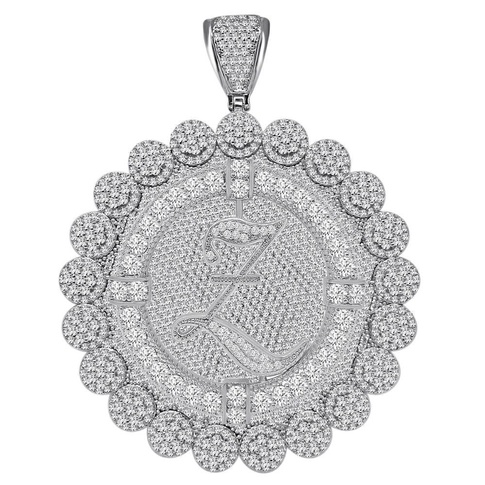 85+ Grams Big Jumbo 3.75'' 8.00 Cwt. Simulated Diamond Cursive Initial Letter Alphabet "Z" Men's Custom Flower Pendant Charm Round Medallion