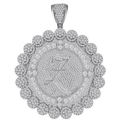85+ Grams Big Jumbo 3.75'' 8.00 Cwt. Simulated Diamond Cursive Initial Letter Alphabet "Z" Men's Custom Flower Pendant Charm Round Medallion