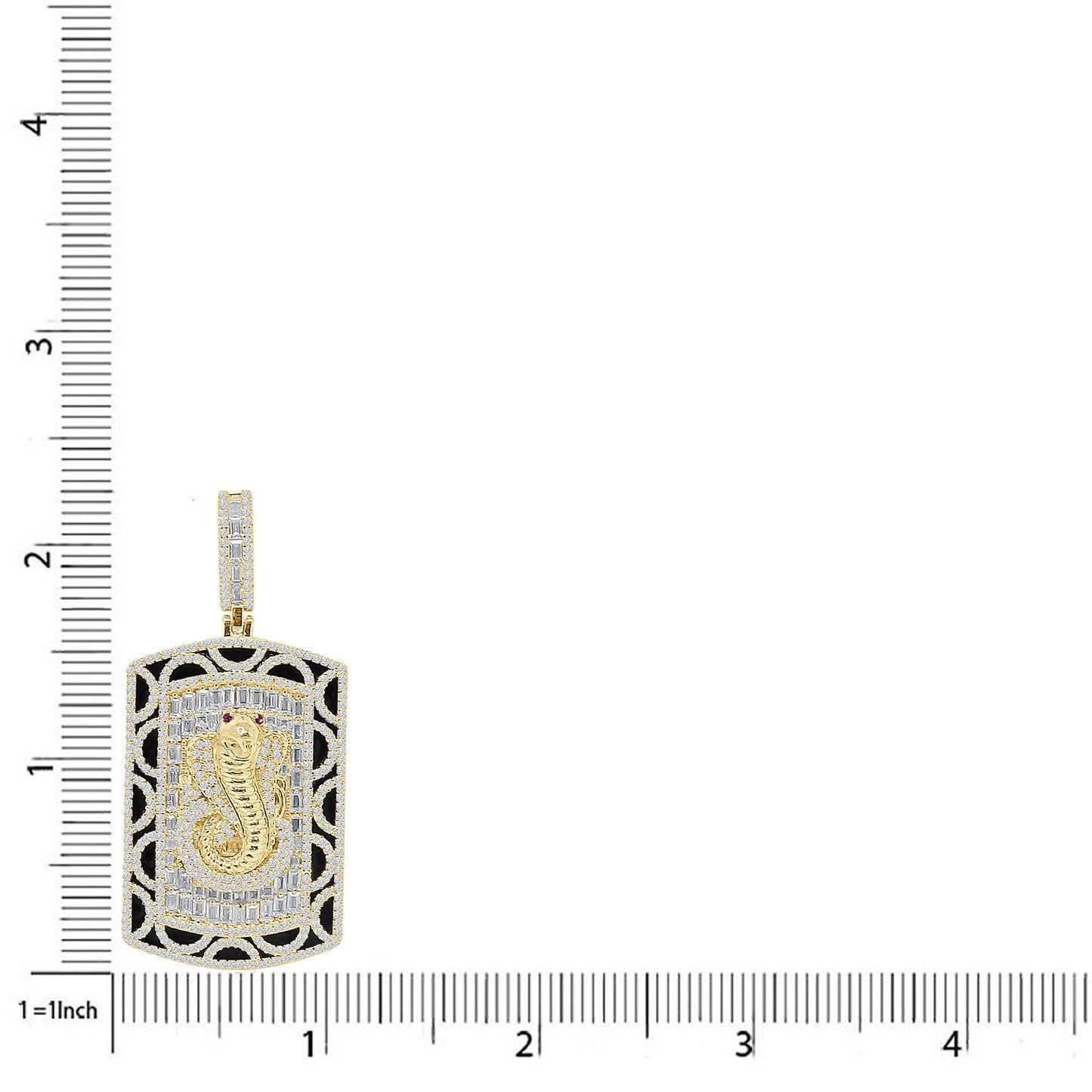 Men's 35+ Grams Real Sterling Silver 2.00 Cwt. Simulated Diamond Cobra Snake Evil Power 14K Gold Over Dog Tag Frame Pendant Charm 2.25''