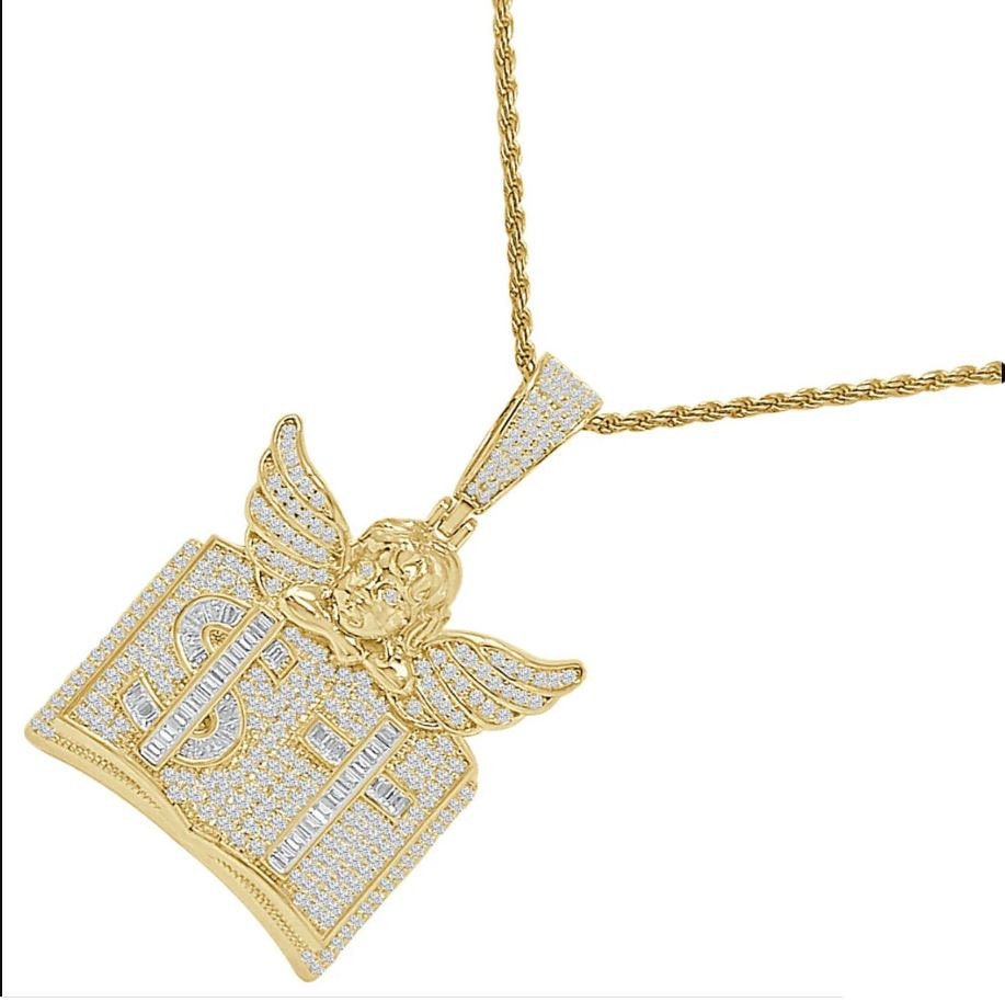25+ Grams 14K Gold Over 3.00 Cwt. Baguette/Round Cut Simulated Diamond Angel Cross Bible Book Dollar Sign Pendent Charm Chain Neckless Set