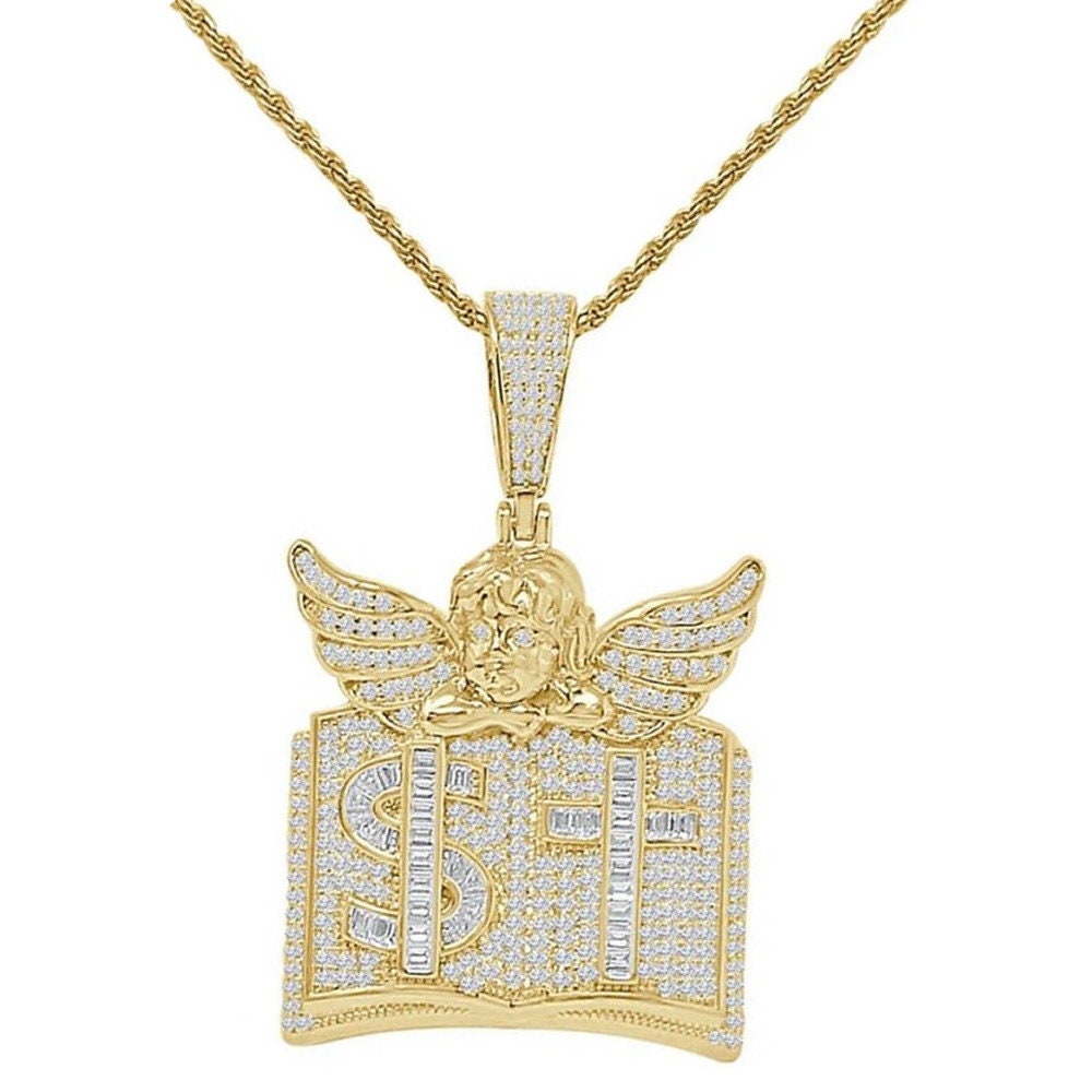 25+ Grams 14K Gold Over 3.00 Cwt. Baguette/Round Cut Simulated Diamond Angel Cross Bible Book Dollar Sign Pendent Charm Chain Neckless Set