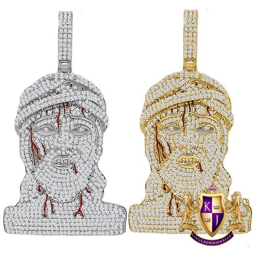 25+ Grams 3.00 Cwt. Simulated Diamond 14K Gold Finish Holy Christ Face Jesus Bleeding Head Custom Charm Pendant Big 2.75''