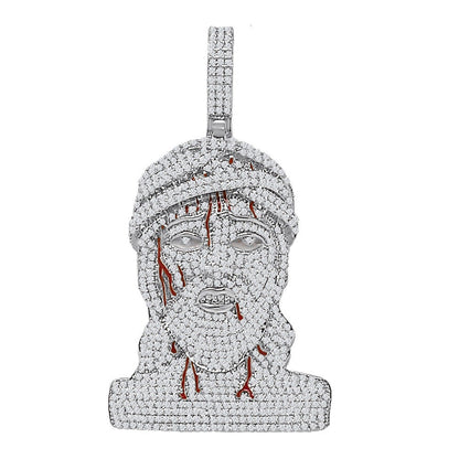 25+ Grams 3.00 Cwt. Simulated Diamond 14K Gold Finish Holy Christ Face Jesus Bleeding Head Custom Charm Pendant Big 2.75''