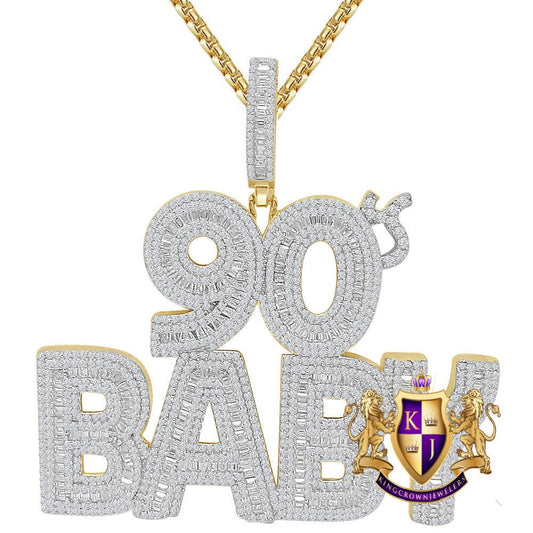 45+ Grams Real Genuine Sterling Silver 2.68 Cwt. Round & Baguette Cut Simulated Diamond 14k Yellow Gold Over Charm 90s Baby Custom Pendant
