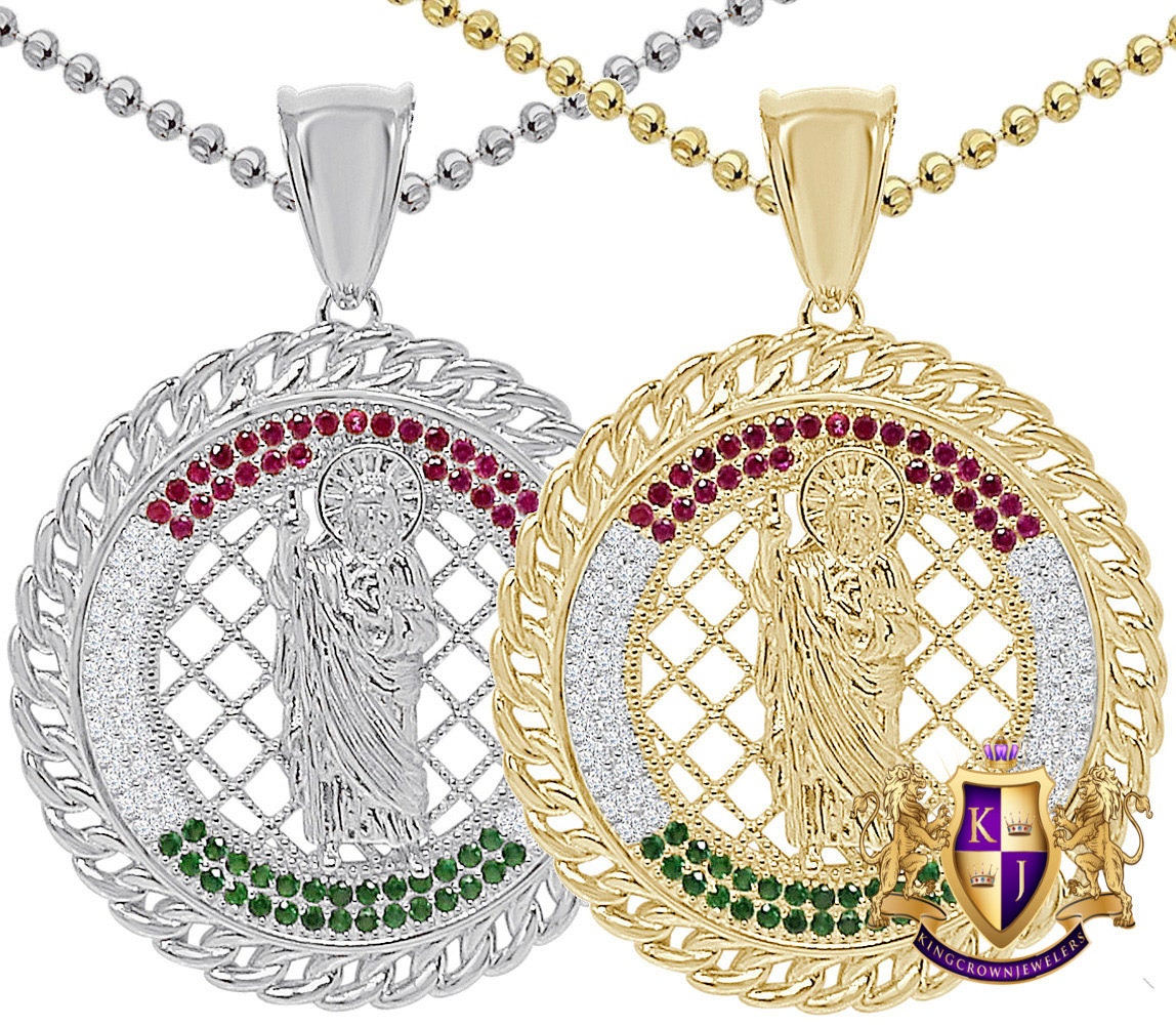26+ Grams Genuine Sterling Silver 14K Gold Over Simulated Diamond Saint Jude San Judas Tadeo Pendant Religious Jesus Charm Chain Set  2.25''