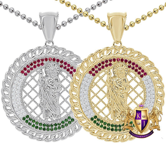 26+ Grams Genuine Sterling Silver 14K Gold Over Simulated Diamond Saint Jude San Judas Tadeo Pendant Religious Jesus Charm Chain Set  2.25''