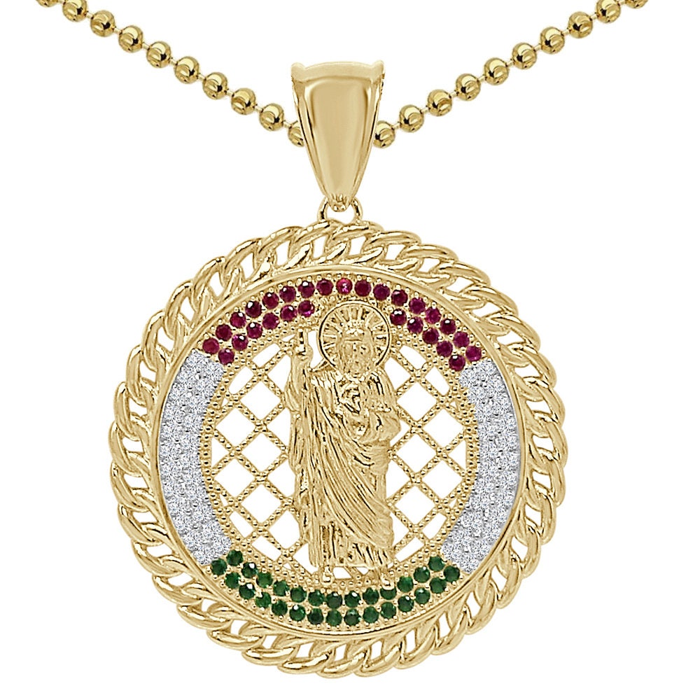 26+ Grams Genuine Sterling Silver 14K Gold Over Simulated Diamond Saint Jude San Judas Tadeo Pendant Religious Jesus Charm Chain Set  2.25''