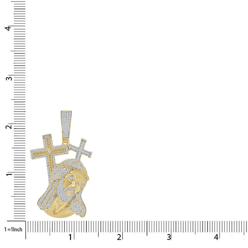 25+ Grams Real Genuine Italian Sterling Silver 2.00 Cwt. Simulated Diamond 14K Gold Over Jesus Christ Face Cross Pendant Custom Charm 2.25''