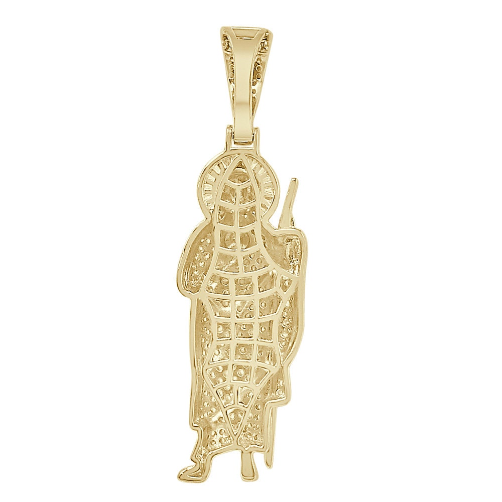 20+ Grams Real Sterling Silver 2.00 Cwt. Simulated Diamond 14K Gold Over Saint Jude San Judas Religious Jesus Unisex Pendant Charm 2.50''