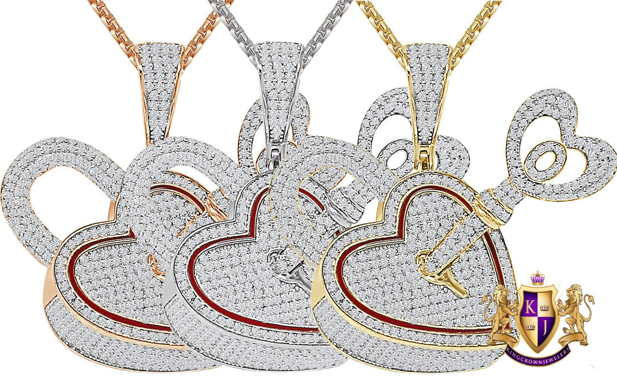 3D 24+ Grams Real Genuine Italian Sterling Silver 2.50 Ct. Simulated Diamond 14K Gold Over Love Heart Shape Lock & Key Charm Pendant 1.80''