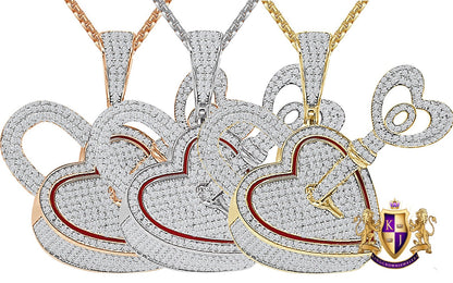 3D 24+ Grams Real Genuine Italian Sterling Silver 2.50 Ct. Simulated Diamond 14K Gold Over Love Heart Shape Lock & Key Charm Pendant 1.80''