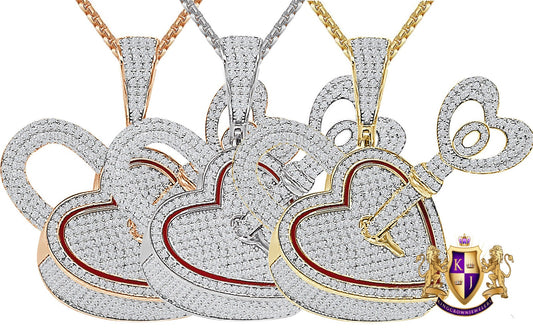 3D 24+ Grams Real Genuine Italian Sterling Silver 2.50 Ct. Simulated Diamond 14K Gold Over Love Heart Shape Lock & Key Charm Pendant 1.80''