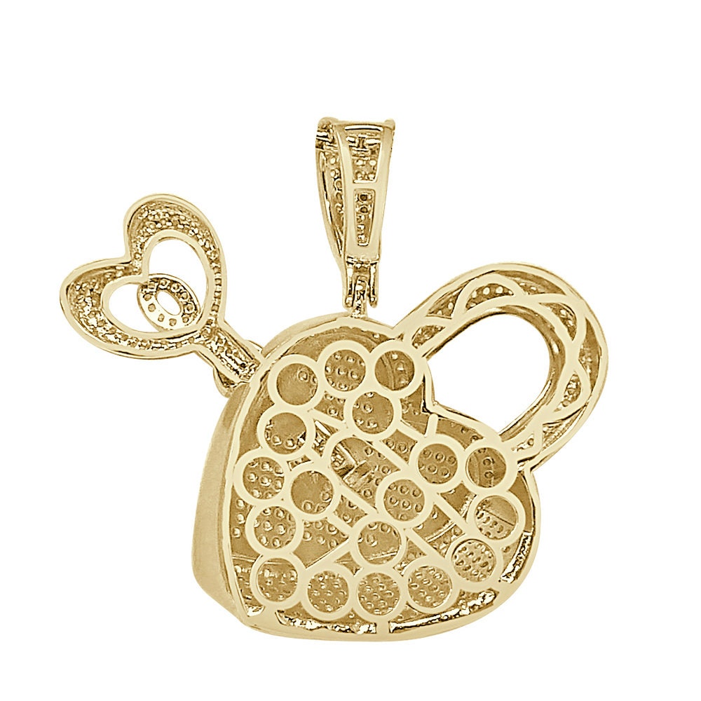 3D 24+ Grams Real Genuine Italian Sterling Silver 2.50 Ct. Simulated Diamond 14K Gold Over Love Heart Shape Lock & Key Charm Pendant 1.80''