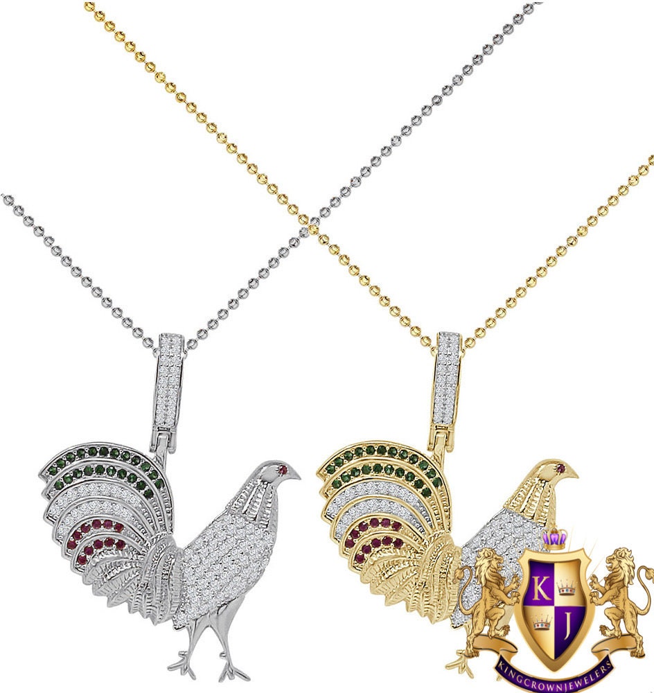 Rea Genuine Sterling Silver 14K Gold Over Simulated Diamond Colorful Multi Tone Chicken Rooster Peacock Pendant Charm Chain Set Small 1.30''