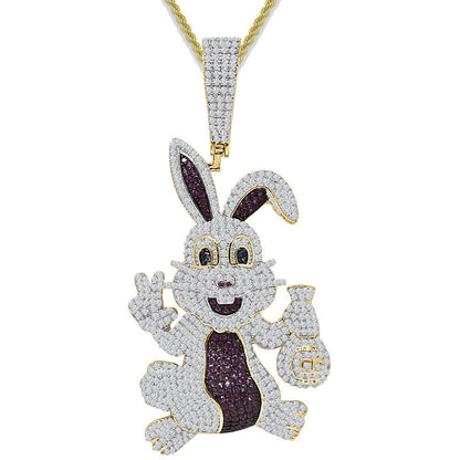 40+ Grams Big 3'' Real Genuine Sterling Silver 3.00 Ct. Simulated Diamond 14K Gold On Rabbit Bunny Holding Cash Money Bag Mens Charm Pendant