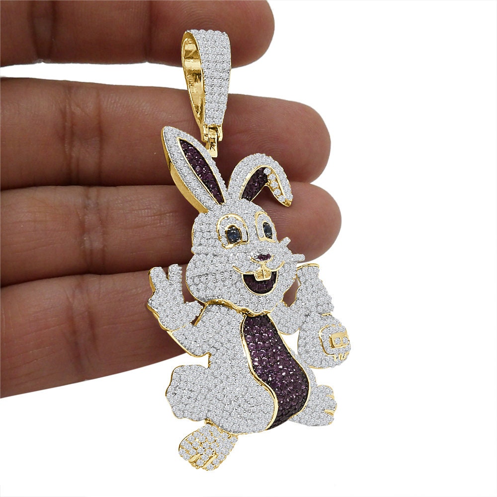 40+ Grams Big 3'' Real Genuine Sterling Silver 3.00 Ct. Simulated Diamond 14K Gold On Rabbit Bunny Holding Cash Money Bag Mens Charm Pendant