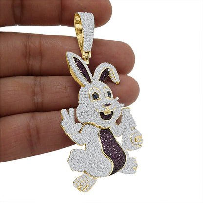 40+ Grams Big 3'' Real Genuine Sterling Silver 3.00 Ct. Simulated Diamond 14K Gold On Rabbit Bunny Holding Cash Money Bag Mens Charm Pendant