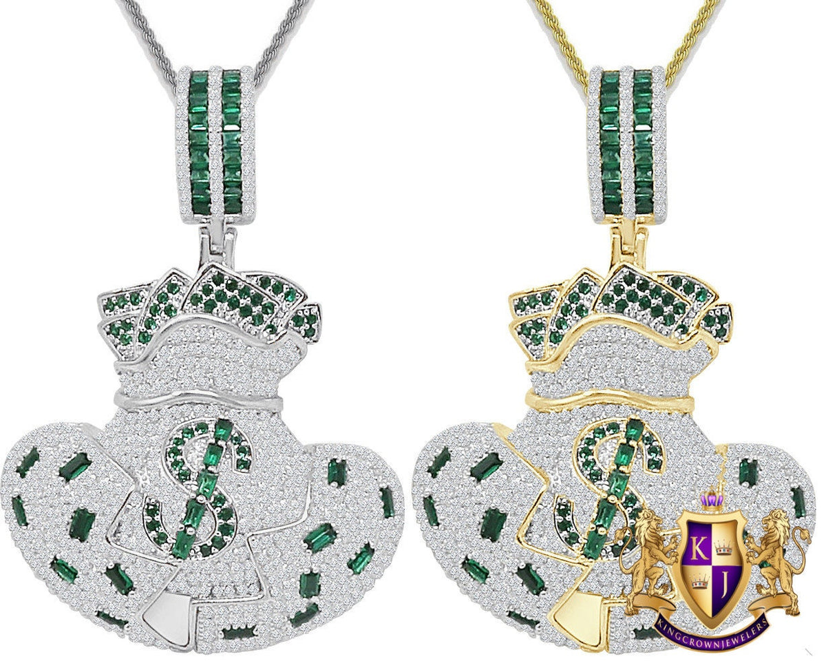 33+ Grams Real Genuine Italian Sterling Silver 3.50 Cwt. Simulated Diamond 14K Gold On Money Bag Dollar Sign Cash Green Charm Pendant 2.10''