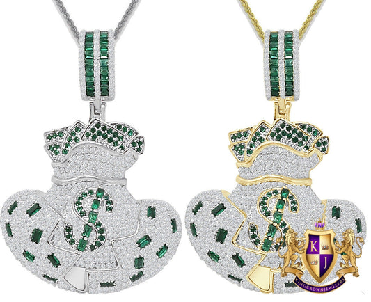 33+ Grams Real Genuine Italian Sterling Silver 3.50 Cwt. Simulated Diamond 14K Gold On Money Bag Dollar Sign Cash Green Charm Pendant 2.10''