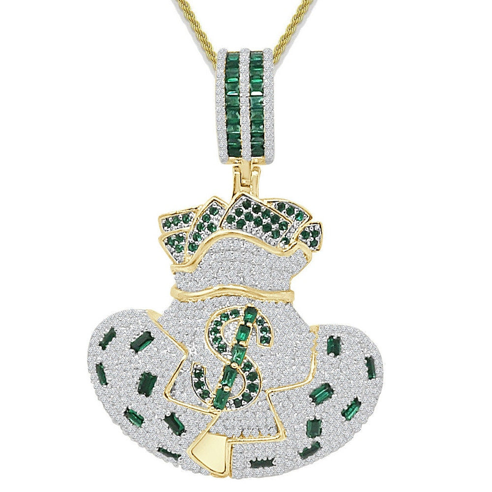 33+ Grams Real Genuine Italian Sterling Silver 3.50 Cwt. Simulated Diamond 14K Gold On Money Bag Dollar Sign Cash Green Charm Pendant 2.10''