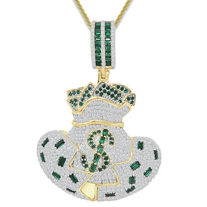 33+ Grams Real Genuine Italian Sterling Silver 3.50 Cwt. Simulated Diamond 14K Gold On Money Bag Dollar Sign Cash Green Charm Pendant 2.10''