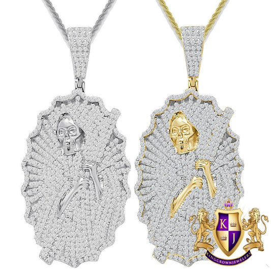 46+ Grams Genuine Authentic Italian Sterling Silver 5.00 Cwt. Simulated Diamond Santa Muerte Grim Reaper Angel of Death Pendant Charm 2.75''