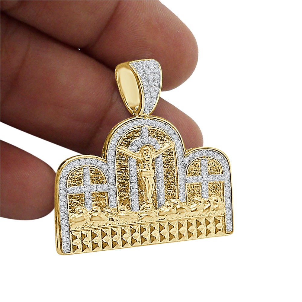 22+ Grams Real Genuine Authentic Italian Sterling Silver 1.00 Cwt. Simulated Diamond Last Supper Jesus Apostles Gospel Pendant Charm 1.50''