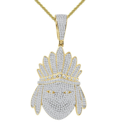 Big 2.75'' 40+ Grams Genuine Authentic Italian Sterling Silver 5.00 Cwt. Simulated Diamond Native American Indian Apache King Pendant Charm