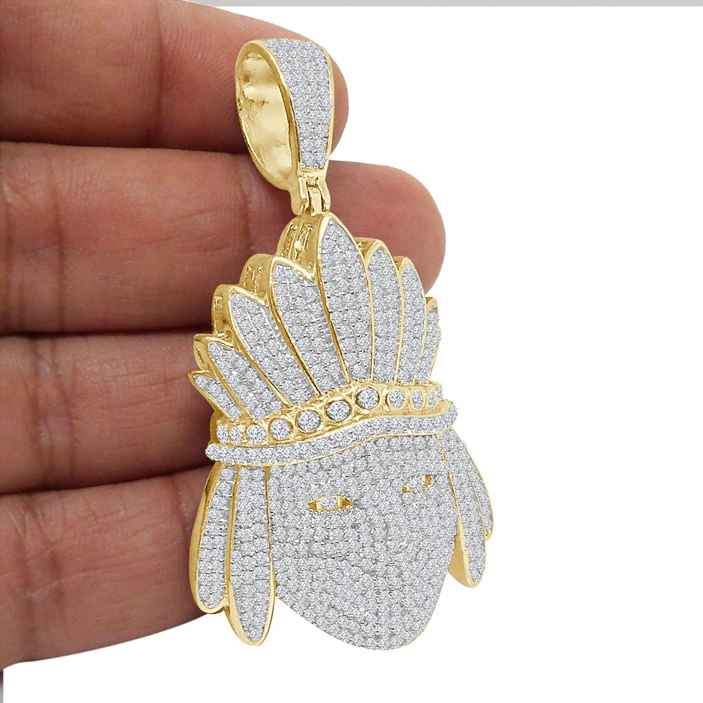 Big 2.75'' 40+ Grams Genuine Authentic Italian Sterling Silver 5.00 Cwt. Simulated Diamond Native American Indian Apache King Pendant Charm