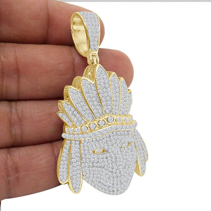 Big 2.75'' 40+ Grams Genuine Authentic Italian Sterling Silver 5.00 Cwt. Simulated Diamond Native American Indian Apache King Pendant Charm